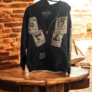 One Piece Straw Hat Crew Wanted Poster Graphic Full Zip Hoodie Men's Black Anime